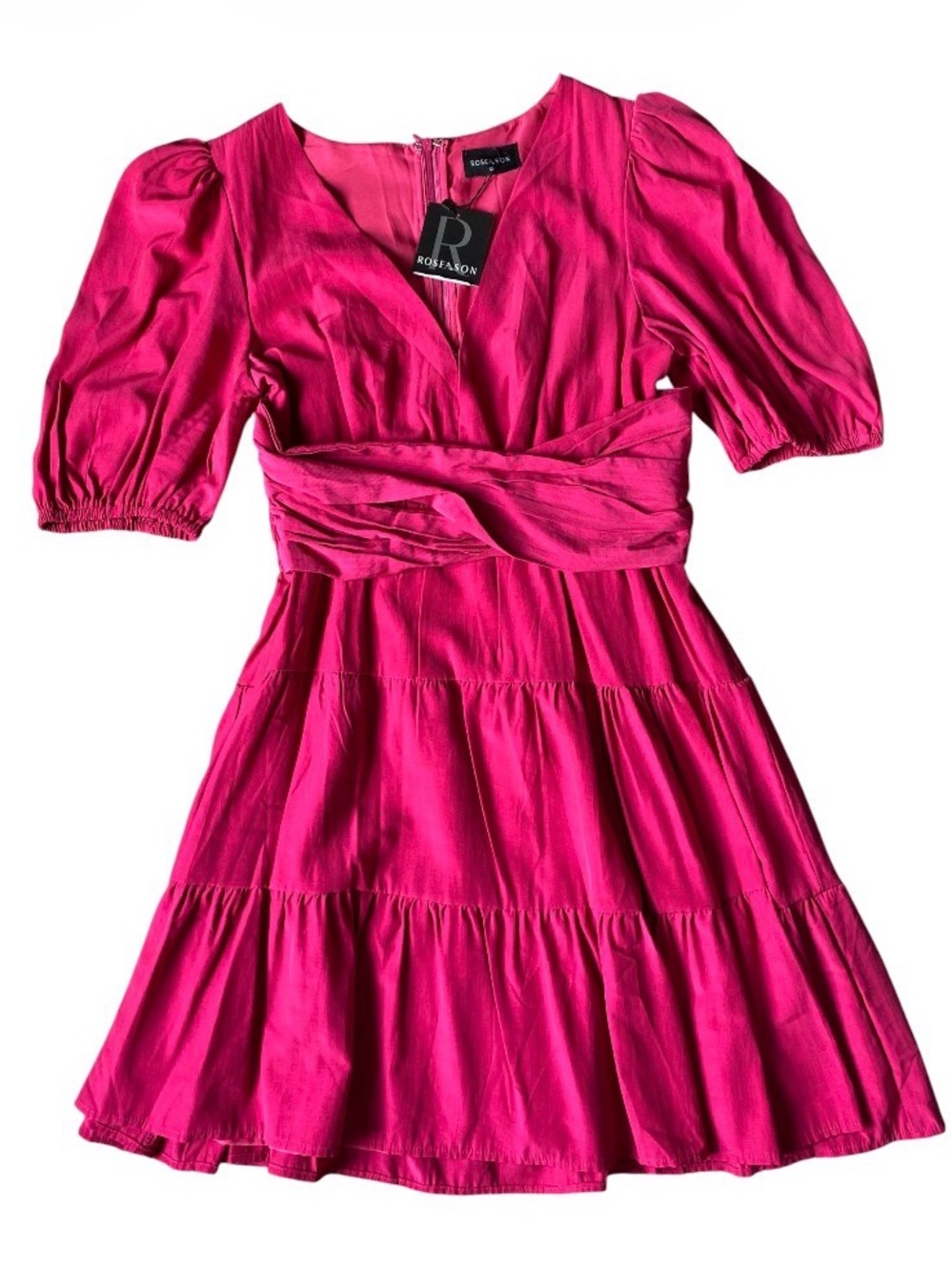 NWT Roseason Womens Hot Pink Puff Sleeve A line Dress Size 12